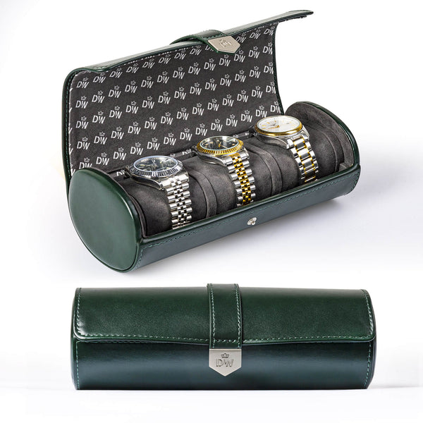 Dreifach-Uhrenetui aus veganem Leder mit verstecktem Schmuckfach – Grün