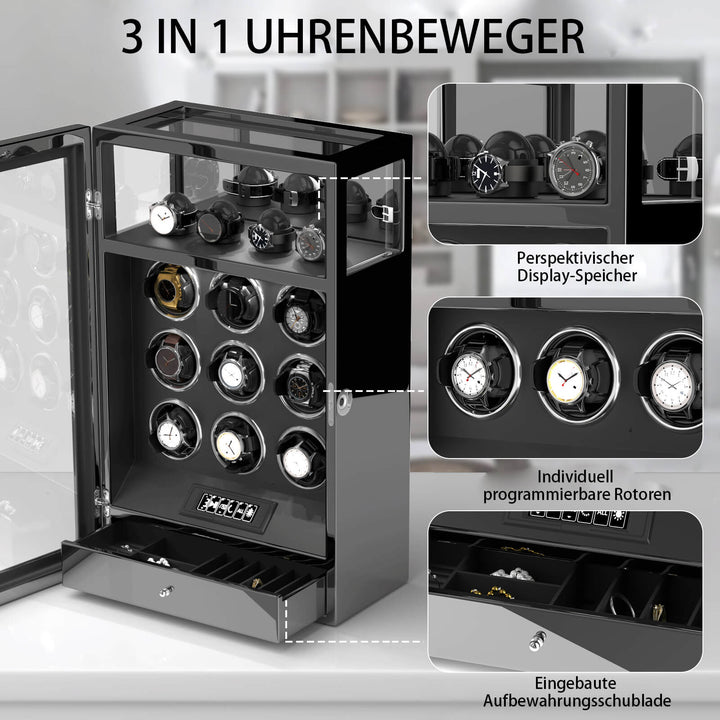Patentiertes Design 9 Uhrenbeweger mit 4 Uhrenhaltern Fingerabdruckschloss/Schlüsselschloss - Schwarz