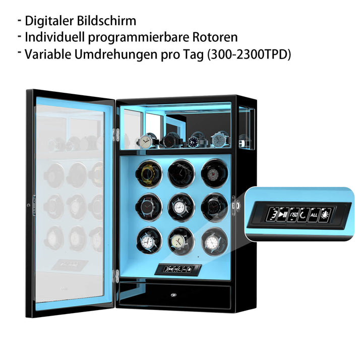 9 Uhrenbeweger mit 4 Uhrenhaltern mit Fingerabdrucksperre LCD-Fernbedienung