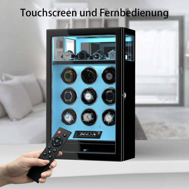 9 Uhrenbeweger mit 4 Uhrenhaltern mit Fingerabdrucksperre LCD-Fernbedienung