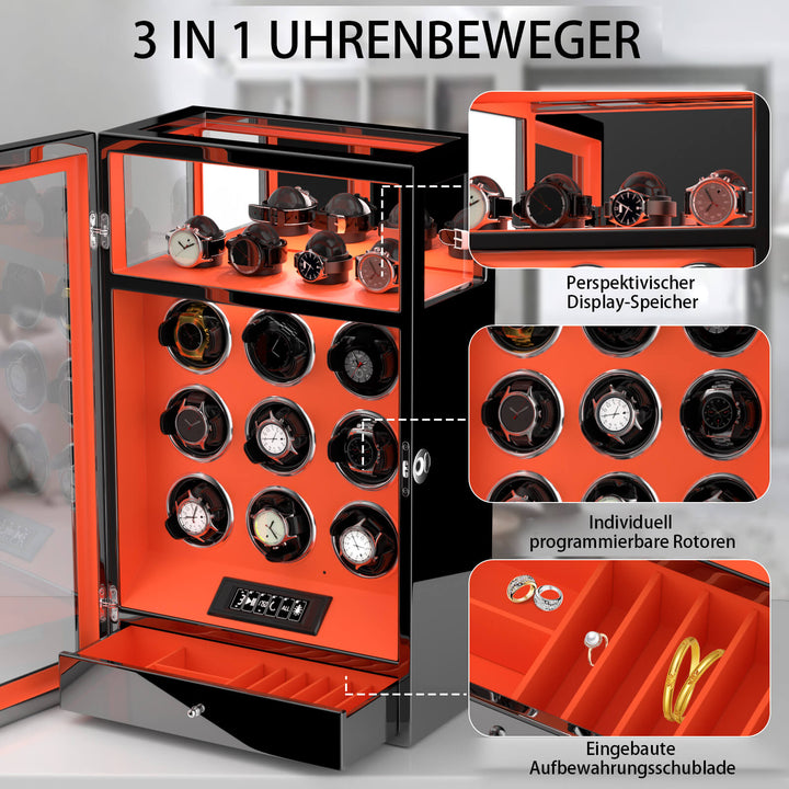 9 Uhrenbeweger mit 4 Uhrenhaltern mit Fingerabdrucksperre LCD-Fernbedienung