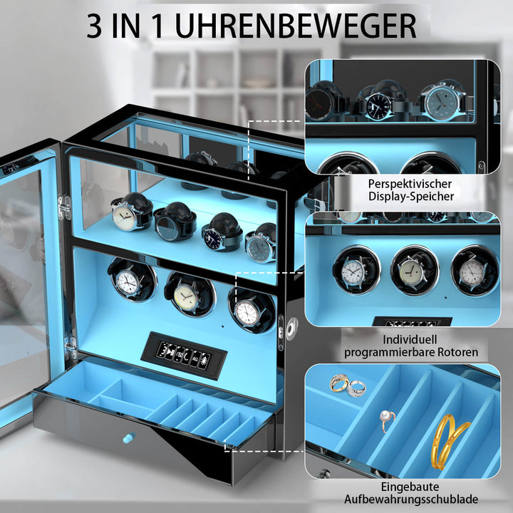 3 Uhrenbeweger mit 4 Uhrenhaltern mit Fingerabdrucksperre, LCD-Fernbedienung, leiser Motor