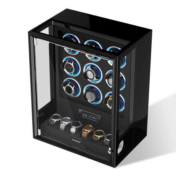 VIRTUOSO - 9 Uhrenbeweger mit Fingerabdruckschloss, zusätzliche Lagerung für 6 Uhren, RGB-Beleuchtung, japanische Motoren - Schwarz